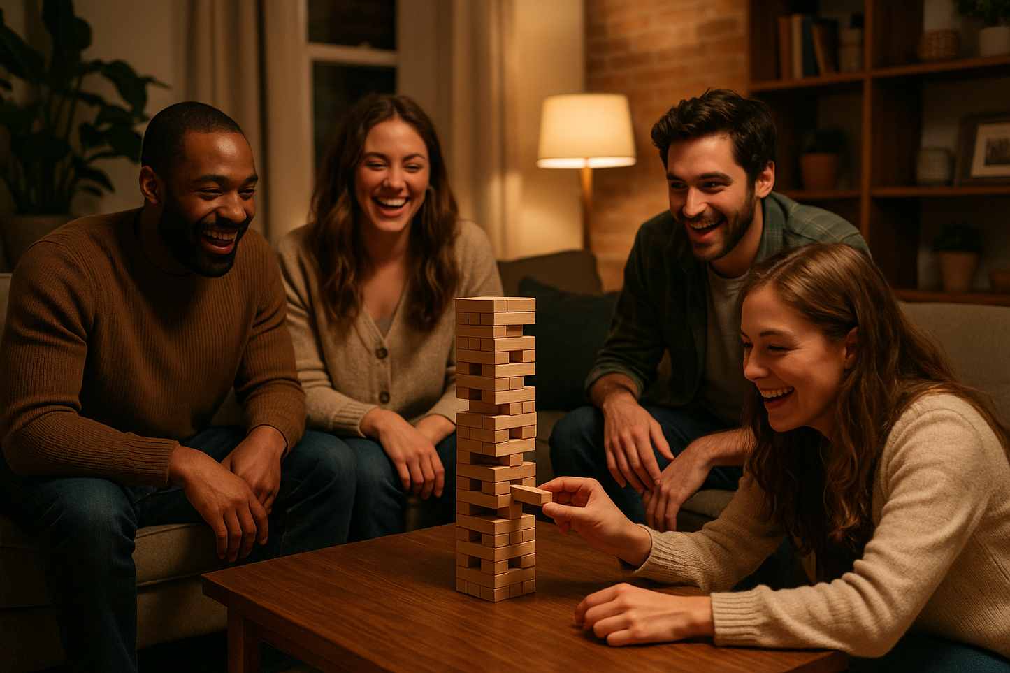 wooden jenga playing by friends in a living room